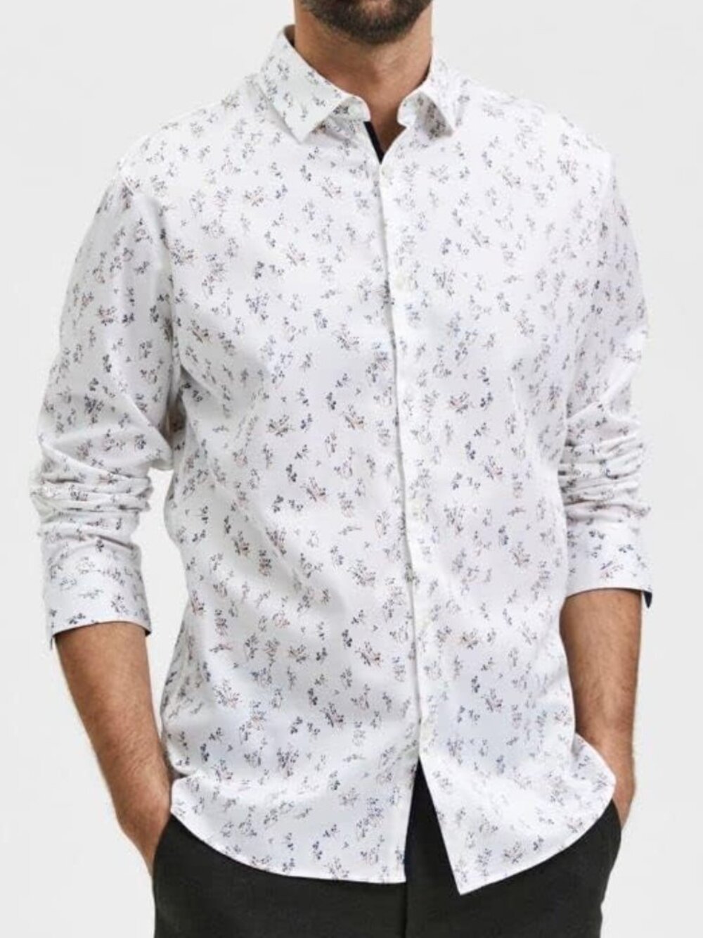 Selected Homme White Floral Print Long Sleeve Shirt